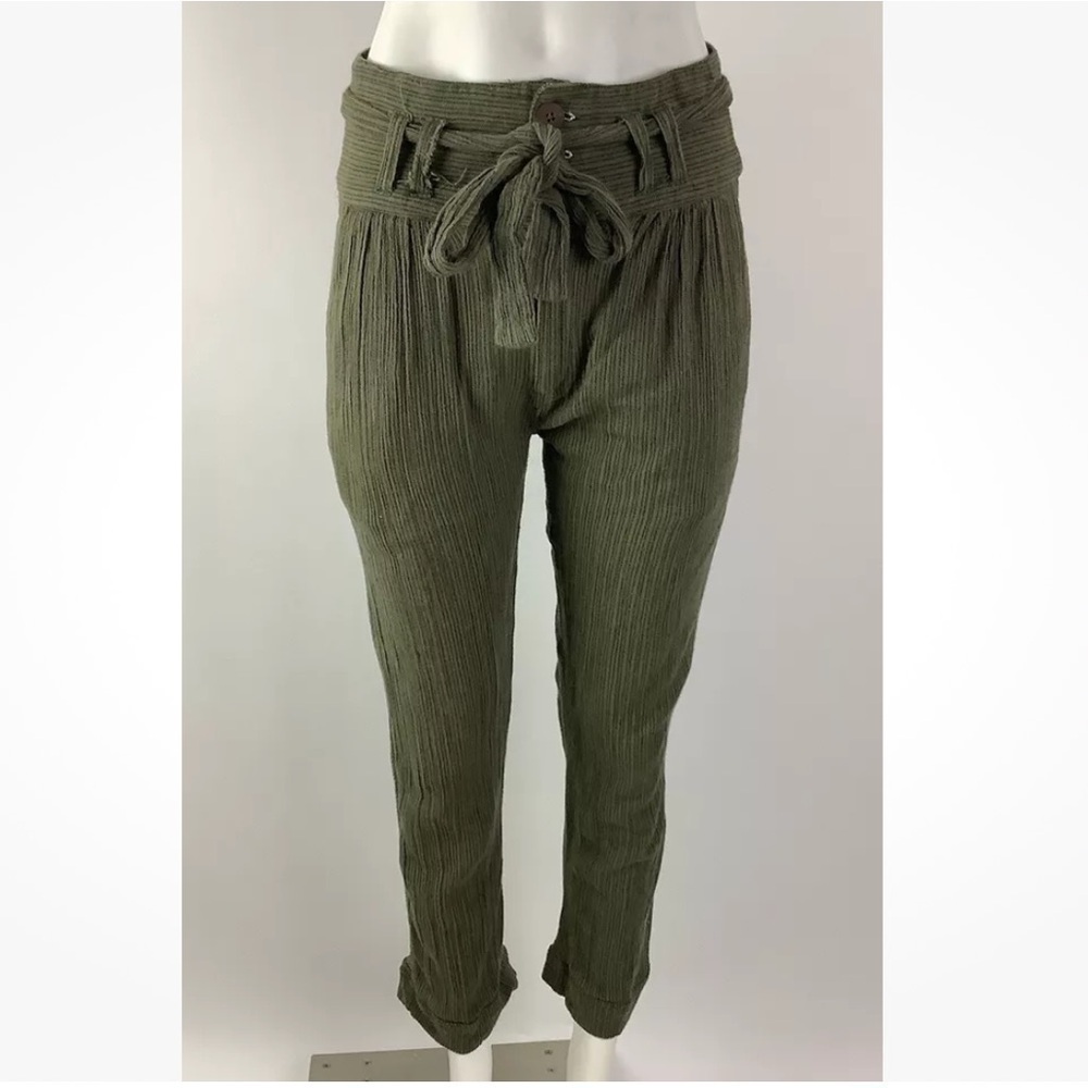 Free People Sz 2 Rumors Yarn Dye Harem Capri Pants Green 100% Cotton Casual